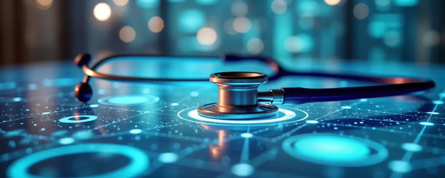 AMBULogic - KI-gestütztes Gesundheitssystem zeigt personalisierte Behandlungspläne. Moderne technische Lösungen für die Gesundheitsversorgung. Futuristische Schnittstelle mit medizintechnischen Konzepten. Stethoskop ruht auf interaktivem Display.