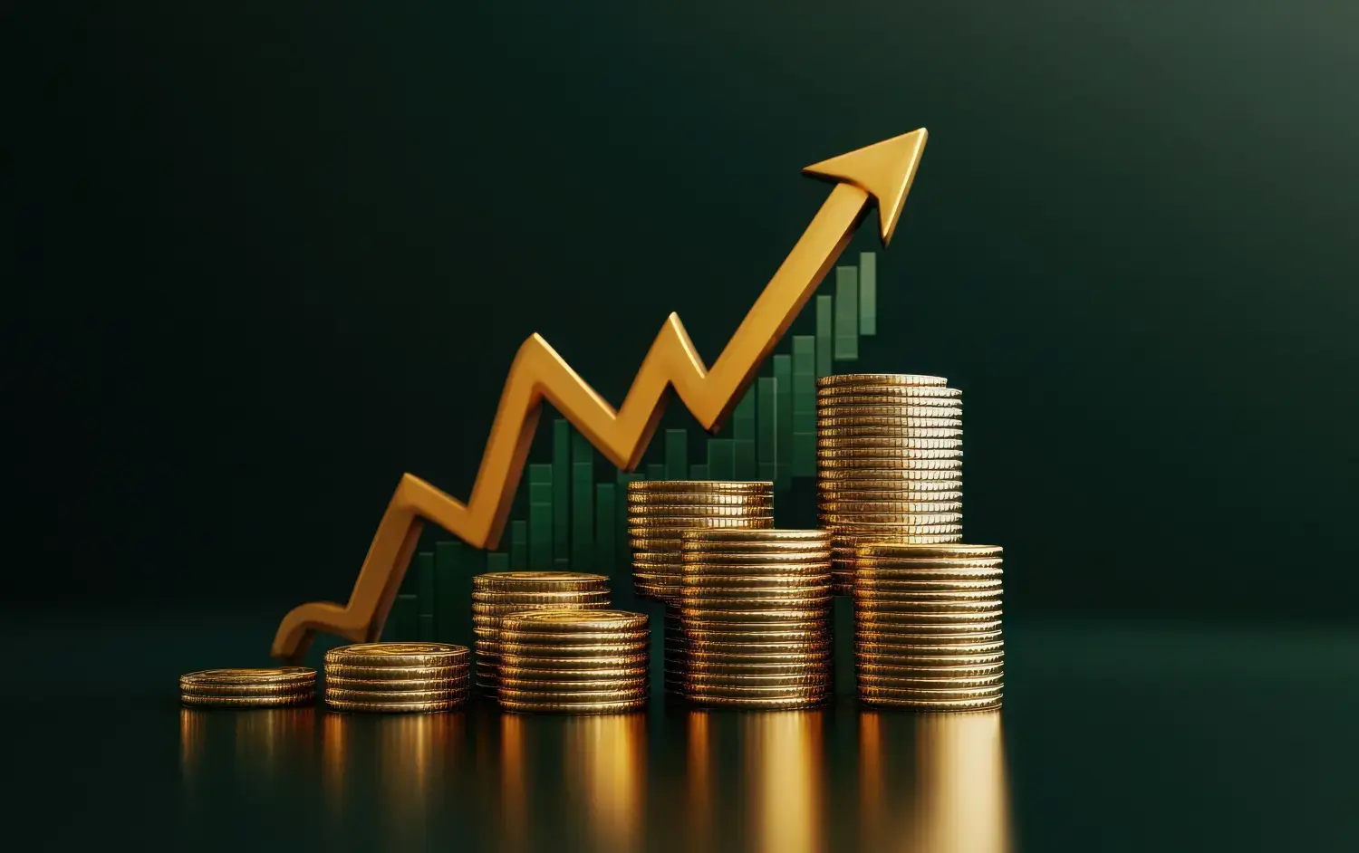 AMBULogic - 3D-Symbol von Goldmünzen und ein Diagramm auf einem schwarzen Hintergrund